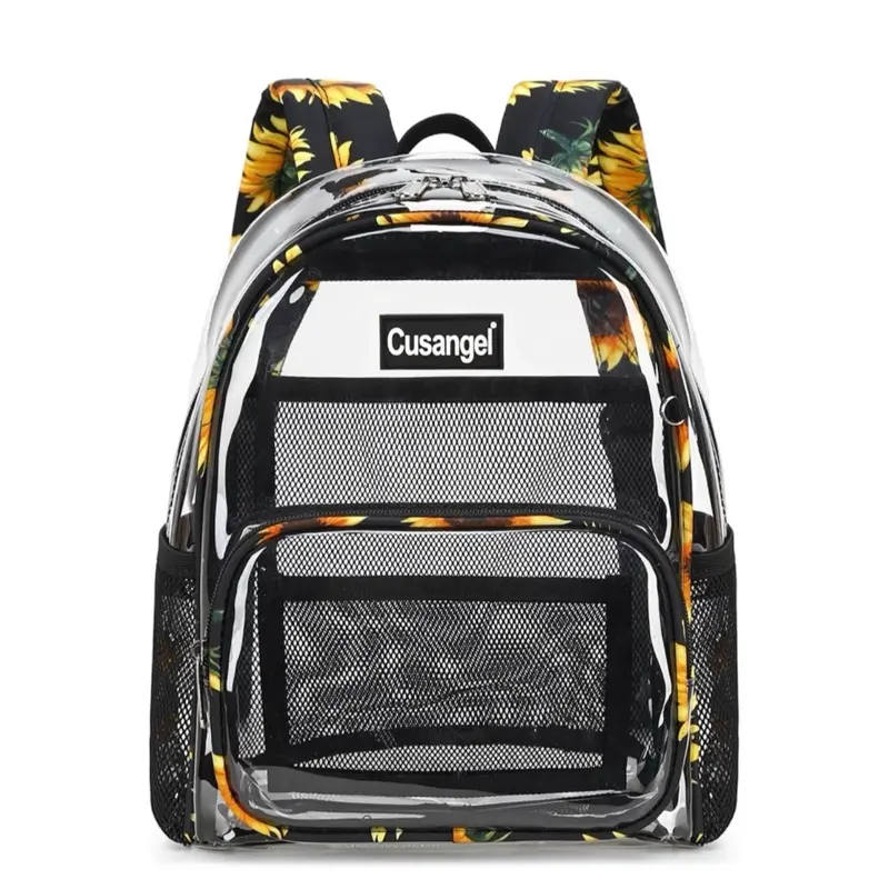 12 inches Cusangel clear mini bag for outdoors transparent , with sunflower strap double handle light weight and durable for travel , sports , festival , work , quick security check