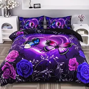3-Piece Blue Heart Butterfly Print Decorative Duvet Cover Set, Soft Breathable Polyester Fabric, All-Season Bedding for Bedroom & Guest Room