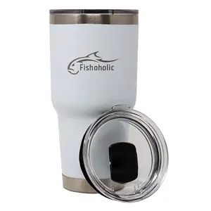 Fishoholic 30oz Tumbler w' Magnetic Slide Lid WHITE - Double Wall Stainless Steel Vacuum Insulated