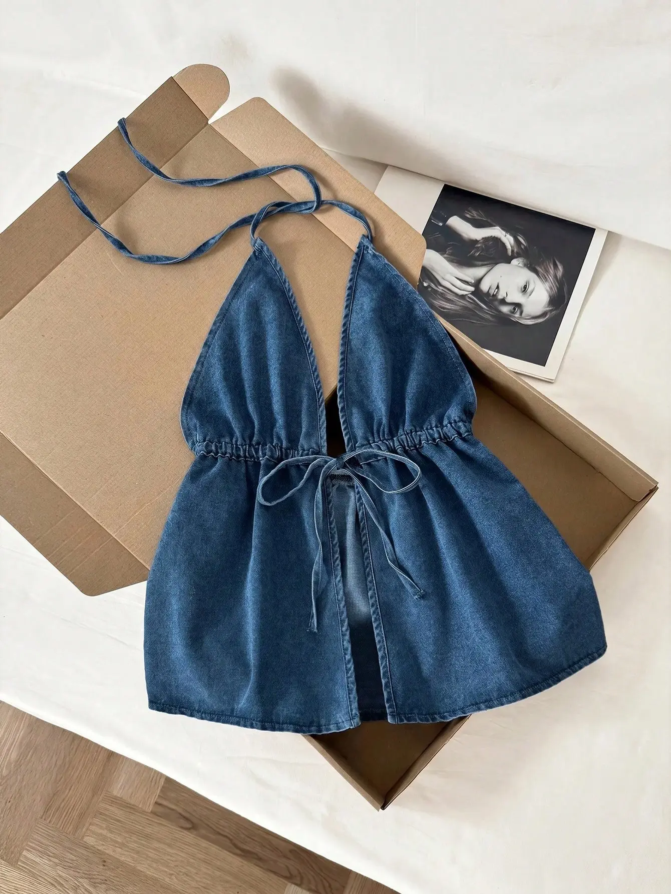 LALUZ Casual Denim Halter Top Women's Solid Color Knotted Backless Crop Top Summer Outfit Streetwear Beach Party Vacation Wear