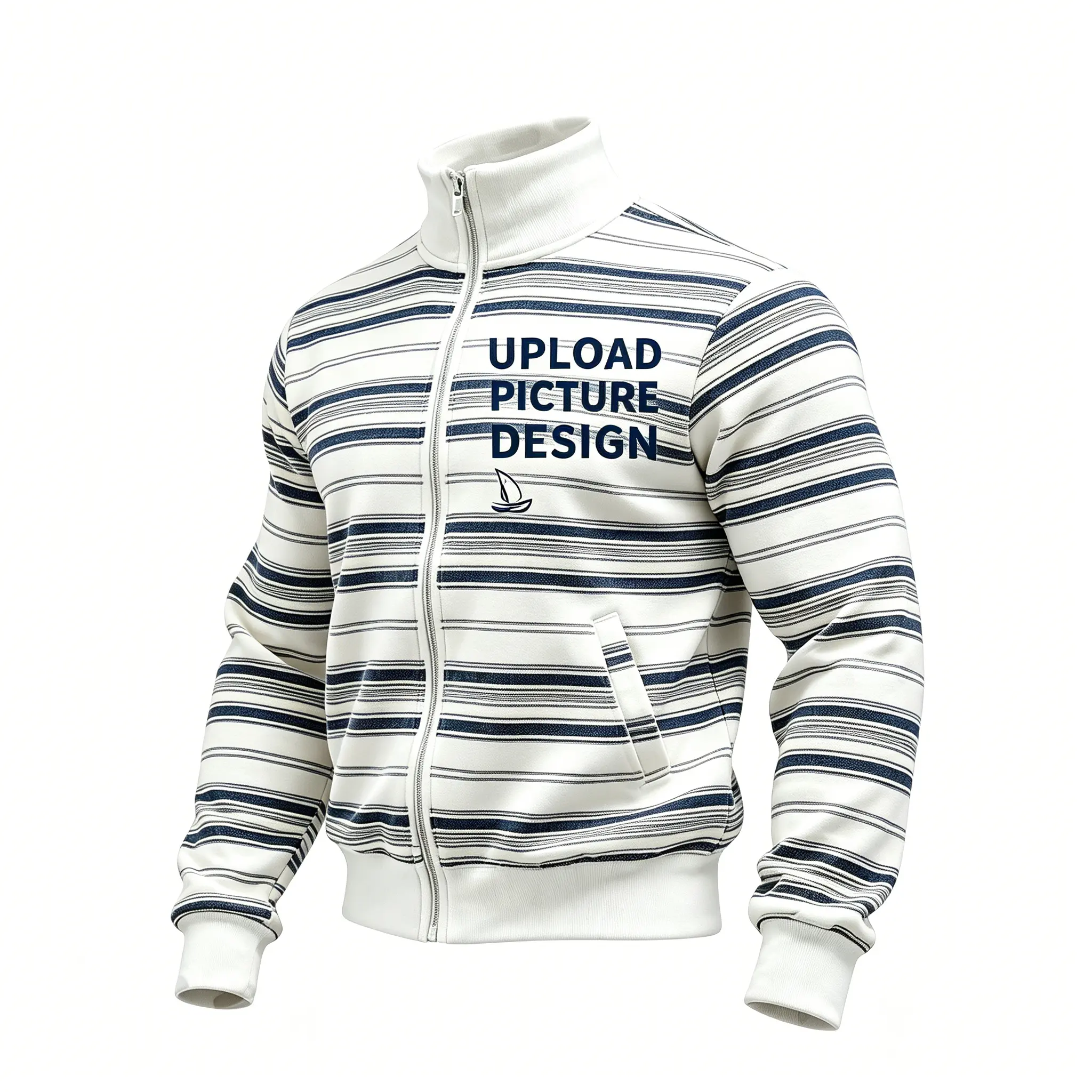 Men's Navy Striped Zip-Up Bomber Jacket Casual Nautical Track Jacket