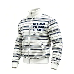 Men's Navy Striped Zip-Up Bomber Jacket Casual Nautical Track Jacket