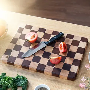 Bill.F Durable Classic Fashion Rubber Wood Cutting Board, 17.992 inches × 12.48 inches checkered meat cutting board, 1.92 inches thick, suitable for direct use in cooking, meal preparation, and serving (knife compatible).