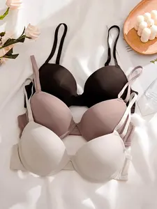Women's 3pcs Solid Adjustable Strap Bra, Soft Comfortable Breathable Push Up Bra for Daily Wear, Lingerie for All Seasons