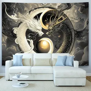 1pc Yin Yang Dragon Background Cloth - White & Black Dragon Art with Golden Sun & Swirling Clouds Design, High-Quality Polyester Fabric for Indoor/Outdoor Home Office Party Decor, No Electricity Needed, Dragon Decor, Indoor Decoration, Artistic Wall Hangi
