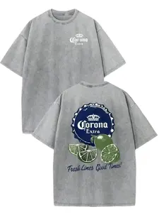 Vintage Washed Gray "Corona Extra Fresh Limes Good Times" Double Sided Graphic Oversized T-Shirt, Retro Beer & Lime Print Casual Summer Streetwear Top for Men Women