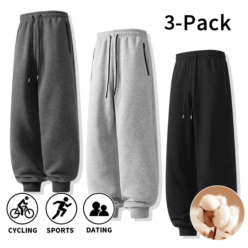 3 Pack Men’s Cotton Joggers, Warm Sweatpants, Elastic Waist Drawstring, Loose Fit, Machine Washable, Casual Sports Pants for Autumn/Winter, Cycling/Running/Dating