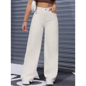 Women's High-Waisted Wide-Leg Jeans - Elegant Beige Imitation Denim Pants with Belt Loops & Button Closure, Soft Stretch Trousers