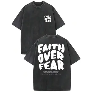 2026 Faith Over Fear Vintage Washed High-Quality Cotton Printed T-Shirt Men's T-Shirt Vintage Summer Clothing Drop Shoulder Sleeves Round Neck Top Short Sleeve