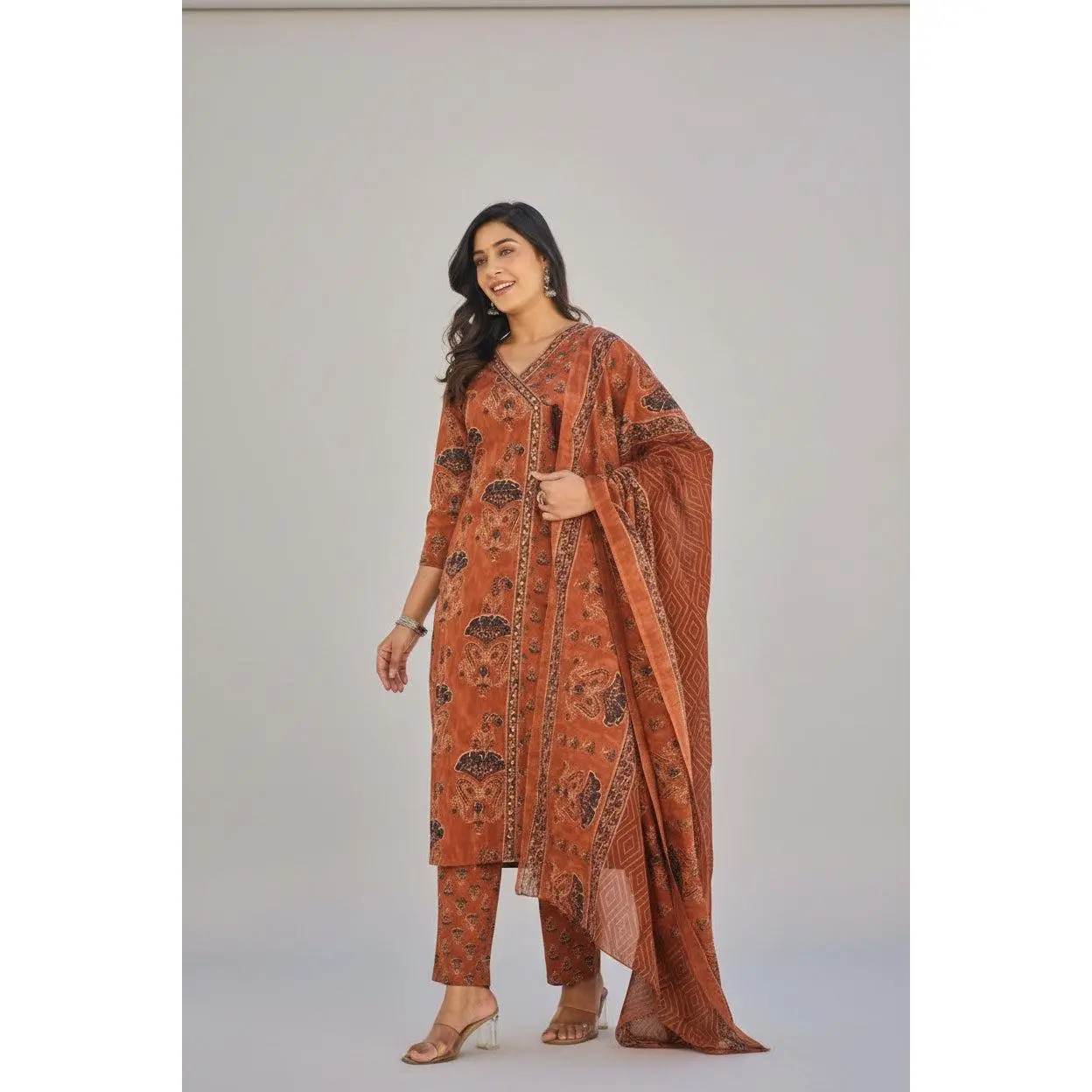 Be Unique Wear Brand Traditional Rust Cotton Printed 3-Piece Kurta Set for Women