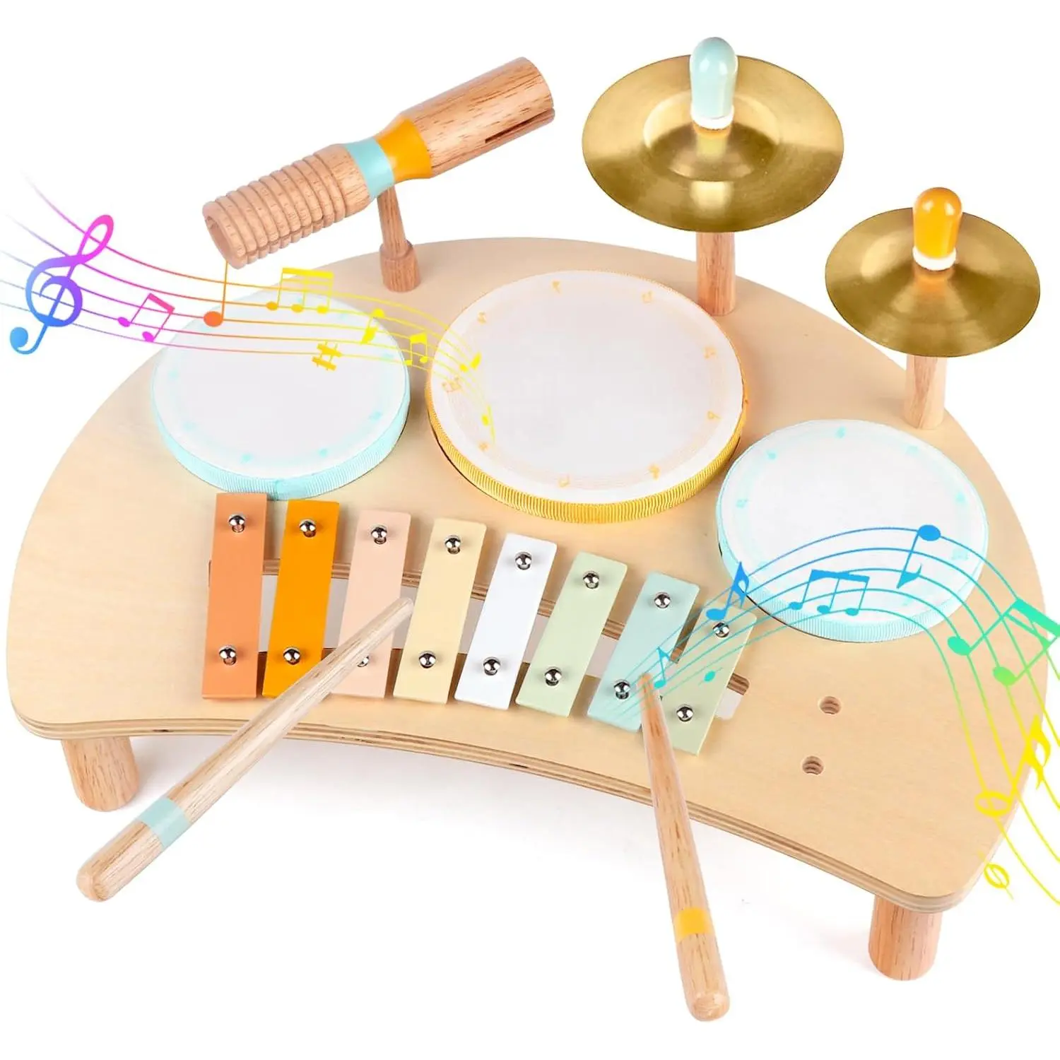 Kids Drum Set Musical Instruments  Toddlers 1-3, Wooden Baby Drum Kit with Xylophone, Preschool Music Toys  Early Learning, Educational Birthday Gift  Boys Girls (Multicolored)