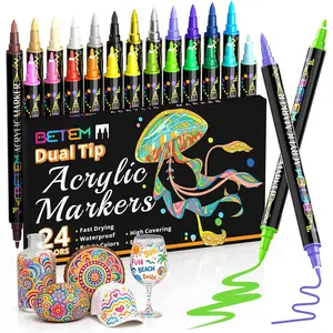Dual Tip Acrylic Paint Pens, 24 Colors Paint Markers for Glass, Window, Fabric, Wood, Rock, Canvas, Acrylic Markers with Fine & Brush Tip, Art & Craft Supplies, Teacher Appreciation Gift