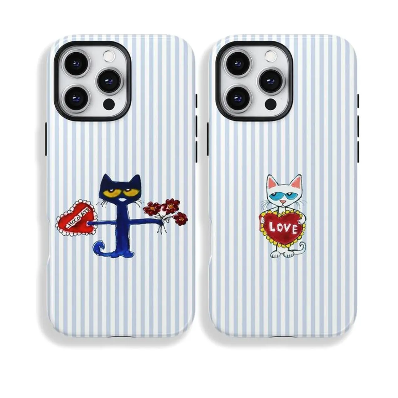Cute Matching Couple Cases: Pete & Callie, Blue Stripes Cat Cover   Phone Case Compatible with iPhone 17 16 15 14 13 12 11 pro pro max & Samsung S25 S24 S23 S22 S21 Durable Protection Dual Layer Design Glossy
