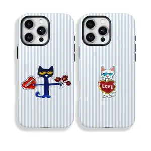 Cute Matching Couple Cases: Pete & Callie, Blue Stripes Cat Cover Y882 | Phone Case Compatible with iPhone 17 16 15 14 13 12 11 pro pro max & Samsung S25 S24 S23 S22 S21 Durable Protection Dual Layer Design Glossy
