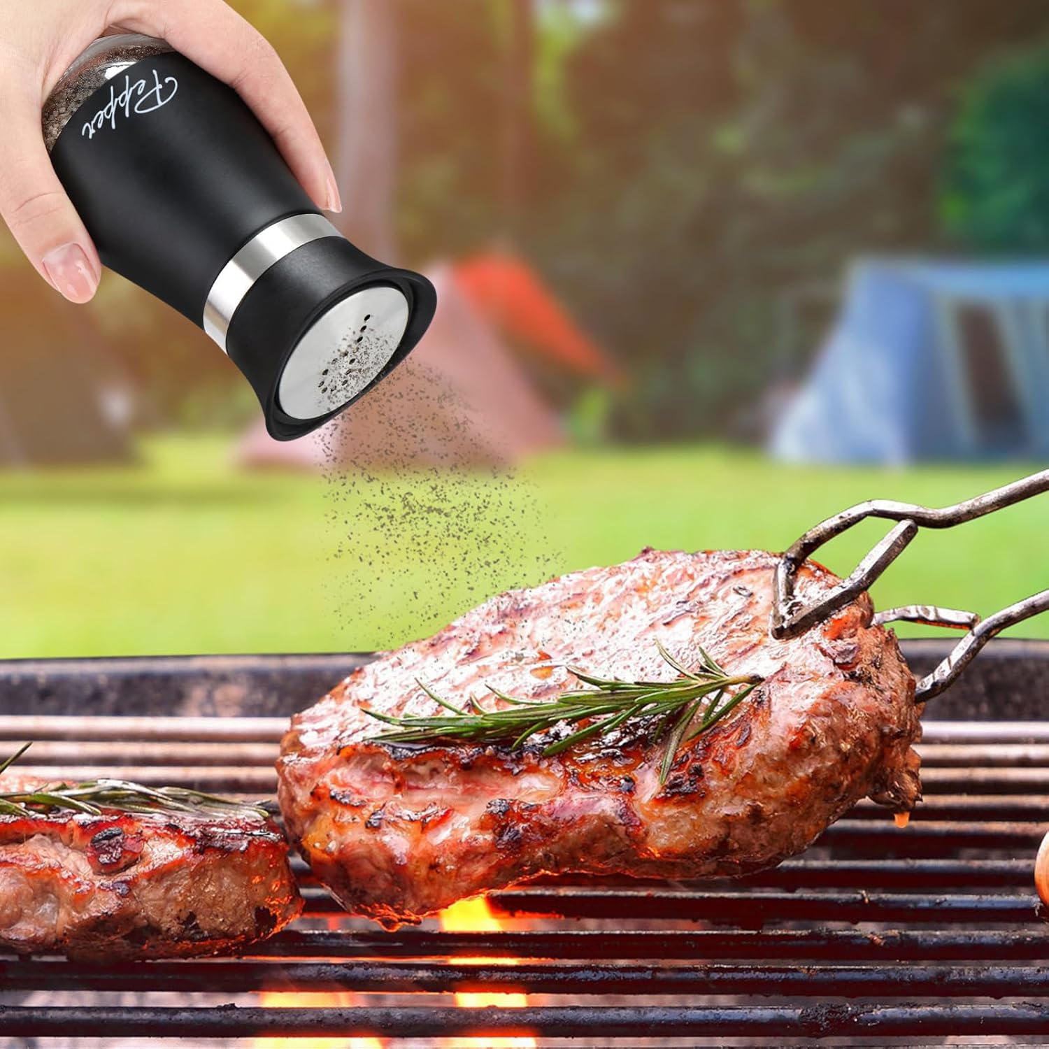 Salt and Pepper Shakers Set with Holder, 4 oz Stainless Steel Salt Pepper Shaker Containers with Glass Bottom for Kitchen Cooking, BBQ, Bar, Table, RV, Camp