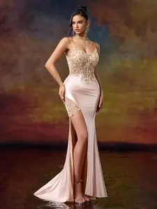 【Romantic Spaghetti Strap Mermaid Evening Gown】 Colorful Embroidery, High Slit, Satin Fabric, Formal Event Wear, Spring Collection