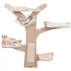 COSTWAY - Wall-Mounted Cat Tower with Hammock Platforms and Sisal Scratching Mat-Natural