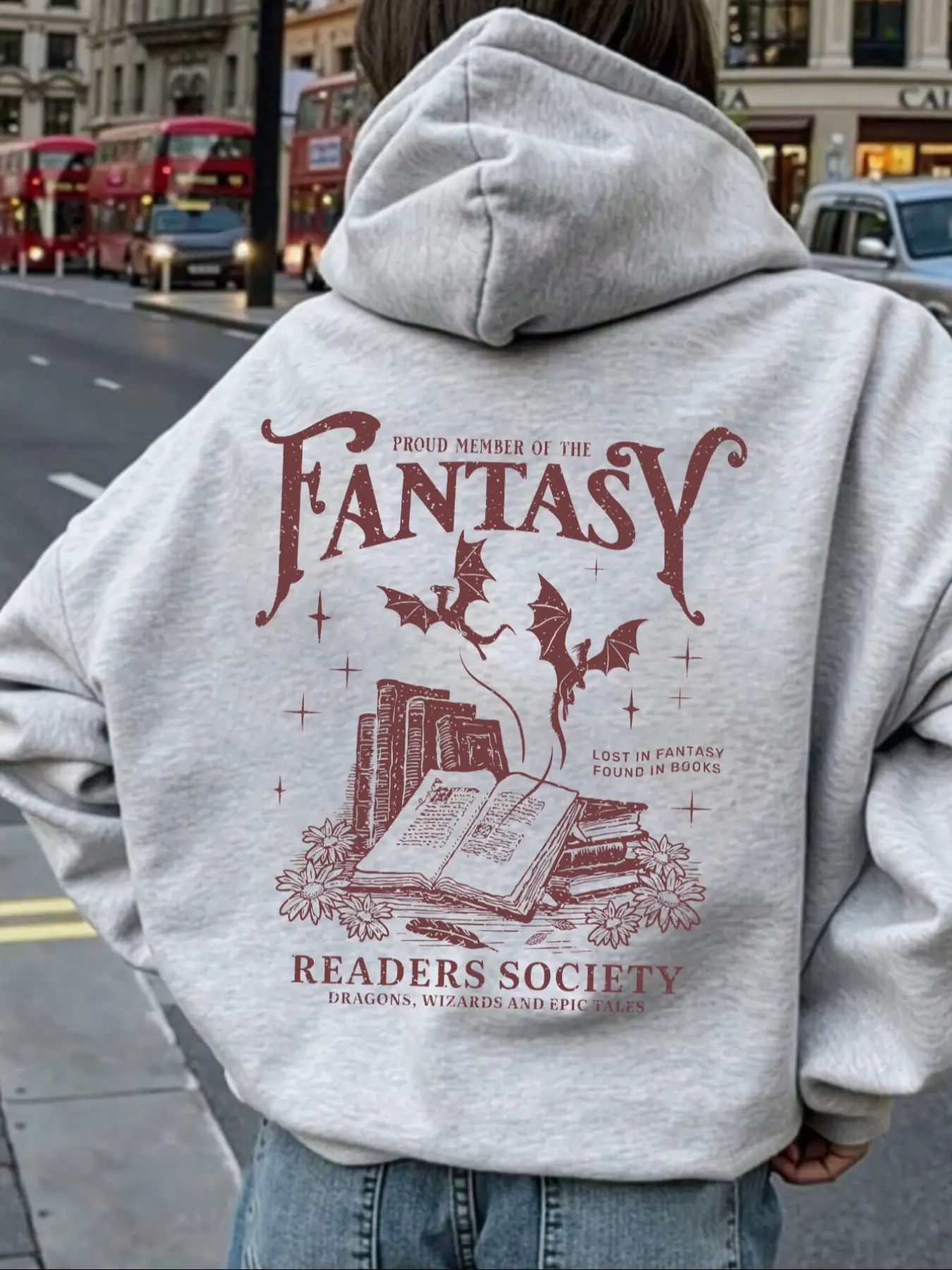 Fantasy Readers Society Hoodie, Casual Pullover Tops, All Season Pullover, Retro Bookish Graphic Sweatshirt with Dragons & Open Book Print, Lost in Fantasy Found in Books Slogan, Unisex, Loose Fit Casual Wear for Epic Fantasy Enthusiasts, Pullover Hoodies