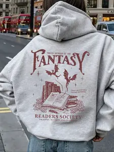Fantasy Readers Society Hoodie, Retro Bookish Graphic Sweatshirt with Dragons & Open Book Print, Lost in Fantasy Found in Books Slogan, Unisex, Women, Loose Casual Wear for Epic Fantasy Enthusiasts, Perfect for Fantasy Book Clubs, Literary Gatherings