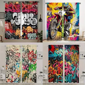 2pcs HD Digital Print Graffiti Style Curtains, Polyester Material, Semi-Transparent Privacy Protection, Washable, Bedroom and Living Room Decor, Window Curtain