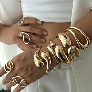 Stackable Water Drop Open Cuff Bracelet for Women, 14K Gold Plated Alloy Spring Bangle, European Trendy Minimalist Layering Fashion Jewelry