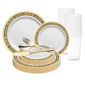 White with Black and Gold Royal Rim Plastic Wedding Value Set