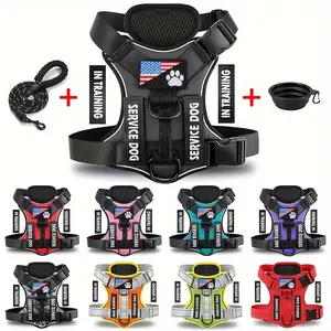 Reflective Service Dog Vest Harness with Leash & Portable Bowl - Polyester Fiber, Adjustable Soft Oxford Pet Harness with 5 Patches & Hand Wash Only - No Battery Required - For Small to Large Dogs