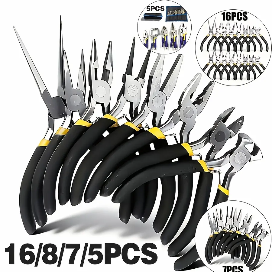 16/8/7/5pcs Professional Multifunctional Pliers Tool Set, Designed Ergonomically, Including Mini Bending Pliers, Pointed Nose Pliers, Combination Pliers, Ball Head Pliers, Wire Stripping Pliers, The Best Gift For Valentine'S Day