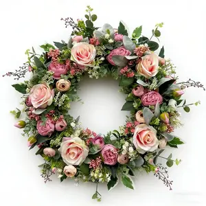 Luxurious Blush Rose Peony Wreath with Eucalyptus, 18 Inch Realistic Flower Door Decor, Elegant Farmhouse Style Spring Wreath
