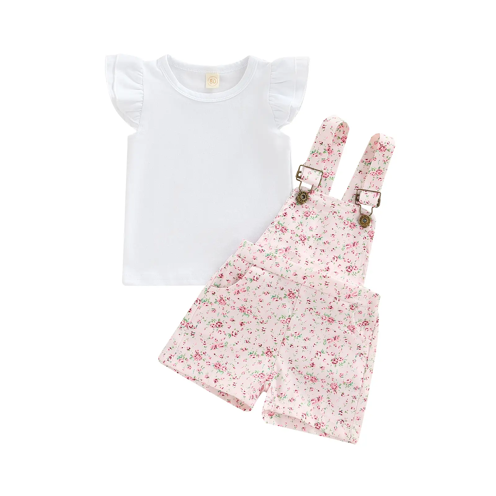 Canrulo 2Pcs Toddler Baby Girls Short Overalls Set Fly Sleeve T Shirt Tops + Floral Suspender Shorts 1T 2T 3T 4T 5T Kids Casual Summer Outfits