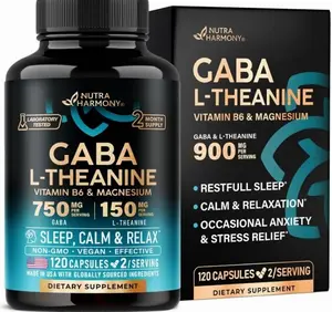 GABA L-Theanine 900 mg - Magnesium | Vitamin B6 - Calm, Sleep, Relaxation & Mood Support - Lab Tested - 750 mg Gamma AminoButyric Acid, 150 mg L-Theanine - Non-Habit Forming, Vegan - 120 Capsules