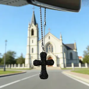 Elegant Rhinestone Cross Car Pendant, Luxury Style Rearview Mirror Decor, Sparkling Water Drill Interior Accessory