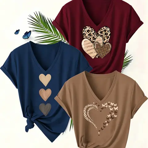 Women's 3-Pack Fashion Heart Print V-Neck Short Sleeve T-Shirts, Casual Stretchy Breathable Fabric Top for All Seasons, Casual Comfy Tops, Womenswear