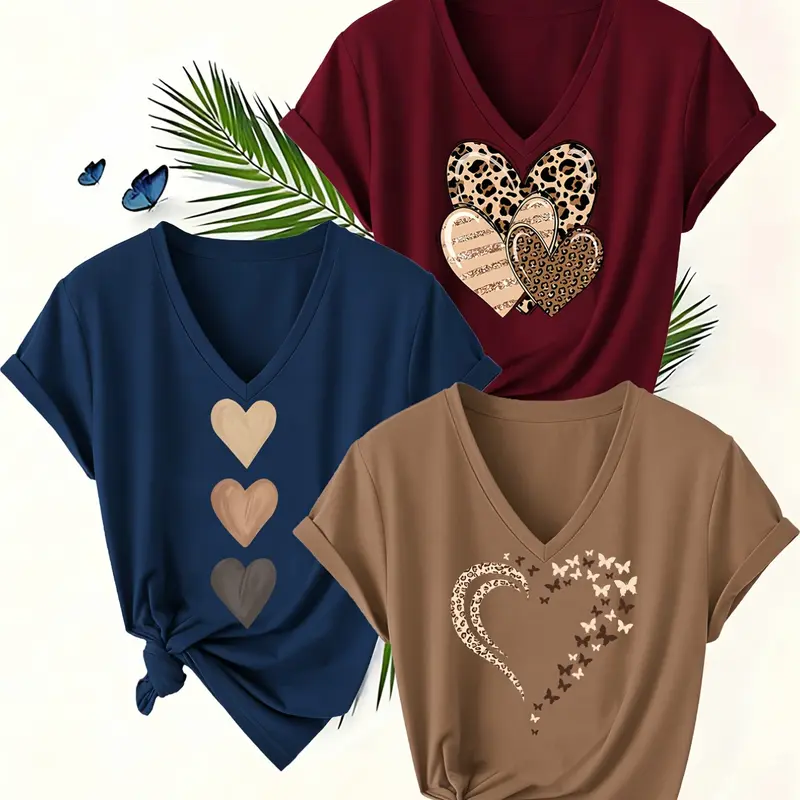 Women's 3-Pack Fashion Heart Print V-Neck Short Sleeve T-Shirts, Casual Stretchy Breathable Fabric Top for All Seasons, Casual Comfy Tops, Womenswear