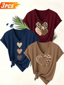 Women's 3-Pack V-Neck Short Sleeve T-Shirts, Fashion Heart Print, Casual Comfort, Stretchy Breathable, All Seasons, Summer, Womenswear, Top