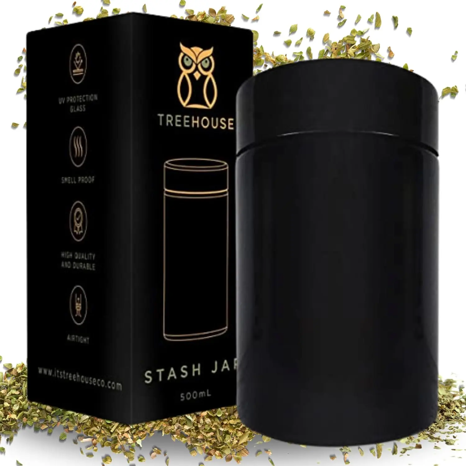 500mL Durable Smell Proof UV Protection Glass Stash Jar Canister - Airtight Seal Home Organizer with Insert, 2 Resealable Bags, Discreet Look for Herbs, Spices