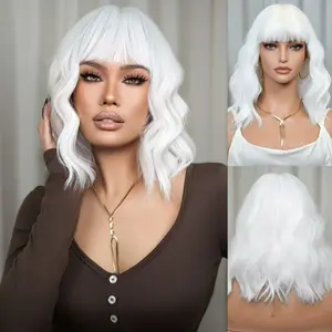 12-inch pure white wavy wig with bangs - realistic heat-resistant synthetic hair, suitable for women, suitable for daily wear, parties, cosplay and Halloween, party accessories, elegant hairstyle