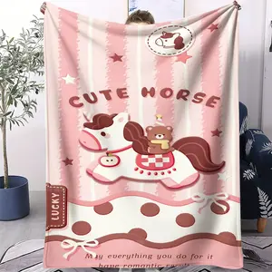 Cute Wind Printing Facecloth Blanket, “Cute Horse” Theme, Suitable For People Who Like Sweet, Soft and Cute Style, Soft and Comfortable, Suitable For All Seasons