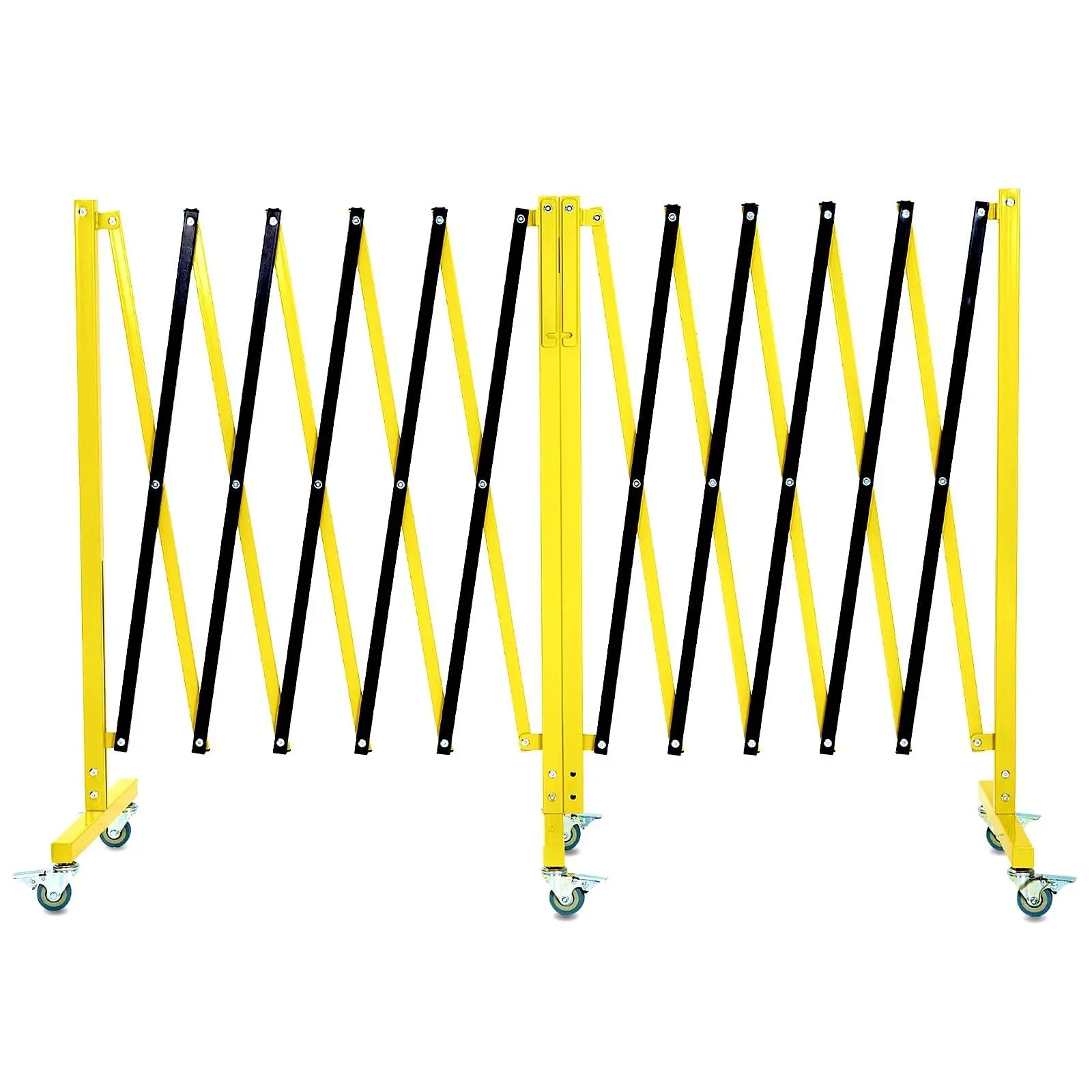 19.8 ft Industrial Expandable Metal Barricade, Rotatable & Portable Safety Barrier with a Warning Board and Casters, Retractable Traffic Fence Mobile Safety Barrier Gate Yellow Black
