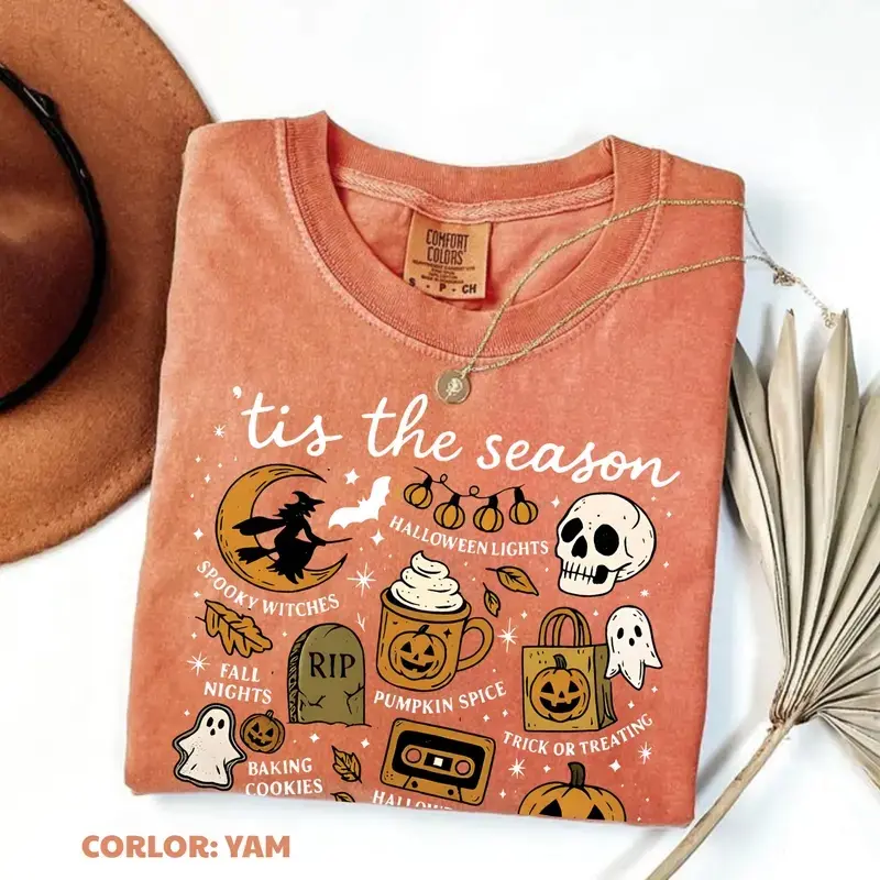 Comfort Colors Tis The Season Halloween T-Shirt, Cute Coquette Fall Graphic Tee, Retro Pumpkin Spice Spooky Witch Ghost Trick Or Treat Shirt