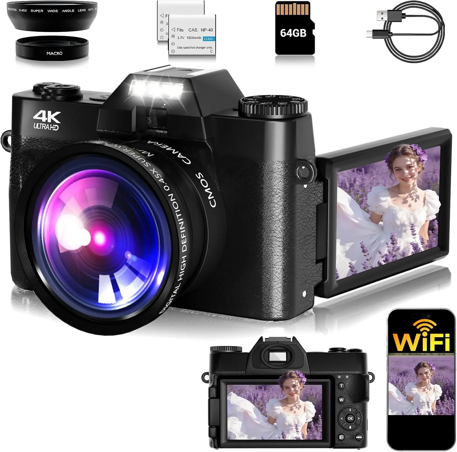 4K Vlogging Camera with Flip Screen & Wi-Fi, 48MP Digital Camera for YouTube Creators, DSLR-Style Point and Shoot with Wide Angle & Macro Lens Kit, 64GB Card & 2 Batteries