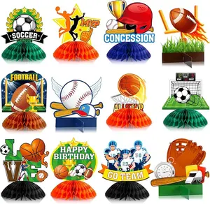 12 Pieces Sports Themed Birthday Party Supplies Sports Centerpieces for Kids 3D Football Soccer Baseball Basketball Softball Honeycomb Centerpieces Ball Party Decoration for Boys Kids