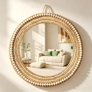 1Pc Bohemian Handmade Jute Wall Mirror, Natural Wood Bead Trim Round Mirror, Warm Boho Style Decor for Home & Office