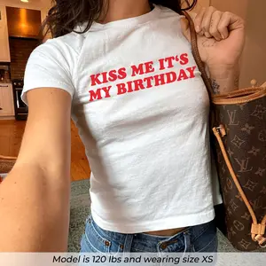 [Sale Up To 50%] Kiss Me Its My Birthday Baby Tee, Funny Birthday Shirt, Y2K Party Graphic Tee, Birthday Girl Crop Top, T Shirt For Women, Retro Birthday Top, Gift for Her