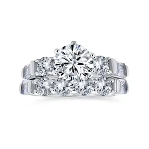 Sterling Silver 2CT Round CZ Solitaire Engagement Ring Set with Baguette Side Stones 6-Prong Design