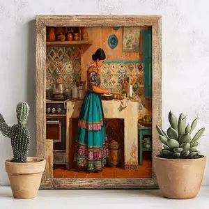 Mexican Kitchen Life Art Print – Colorful Mexico Folk Art, Boho Southwest Wall Decor, Woman in Traditional Kitchen Scene