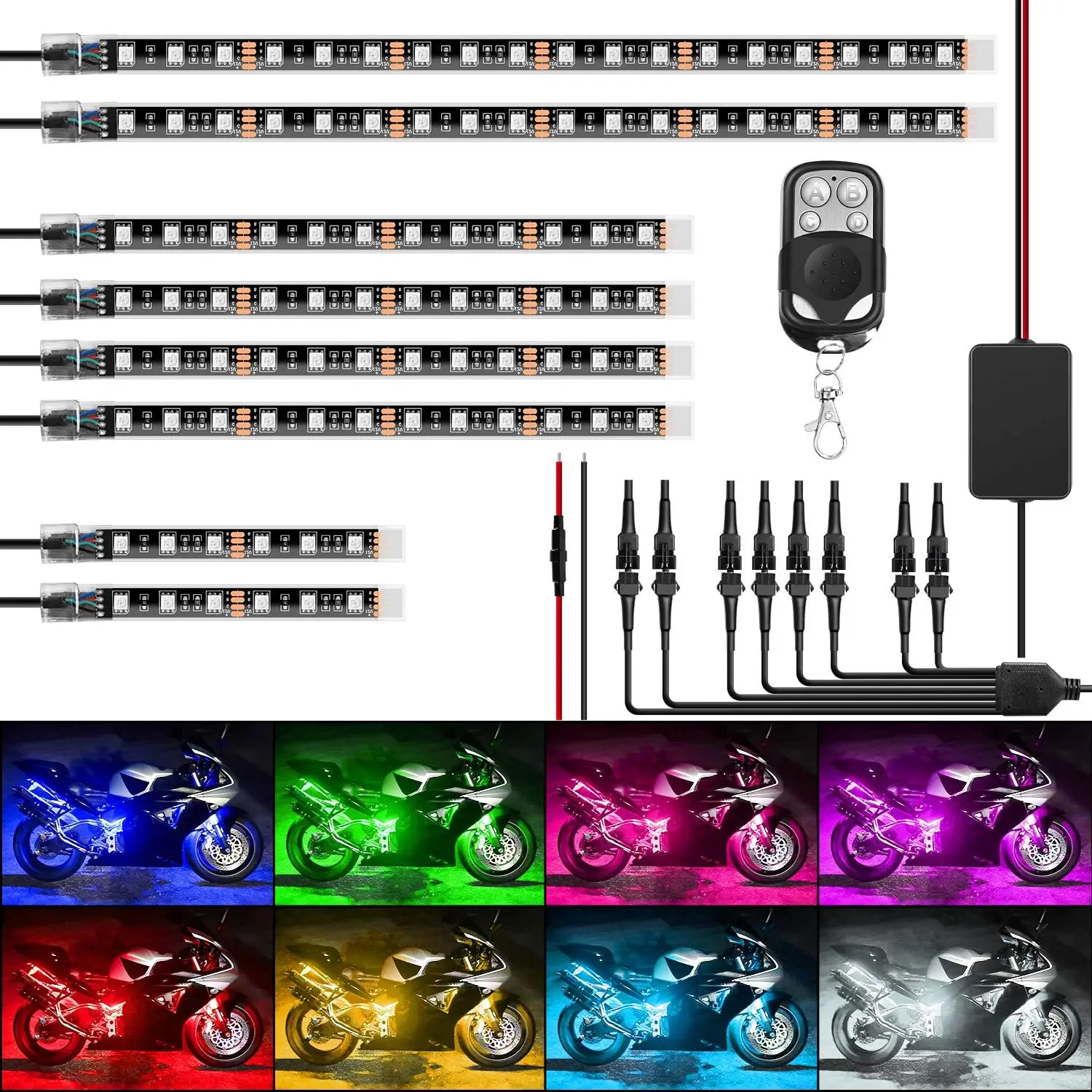 Nilight 8PCS RGB LED Motorcycle Light Kit, IP68 Waterproof, 4-Key RF Wireless Remote, Harley Accessories, LED Ambient Light for Car Interior Decoration