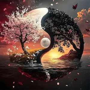 1PCS Yin Yang Tree Diamond Painting Kit Cherry Blossom Sunset Moon DIY Crystal Rhinestone Embroidery Art