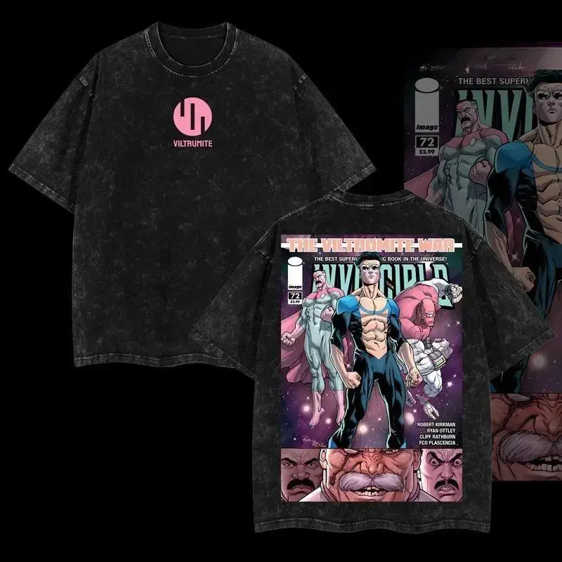 Women's Invincible #72 The Viltrumite War Ribbed Seamless Short-Sleeve Graphic Tee - Mark Grayson Superhero Comic Double-Sided Print, Premium Acid Washed Cotton Oversized Stylish Streetwear Apparel, Lightweight Breathable Retro Unisex Gift for Fans, Short