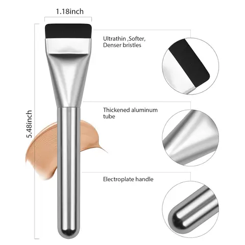 Flat Foundation Makeup Brush - Korean Spatula Design Facial Brush for Liquid Foundation, Premium Single Item for Smooth Even Base (Silver)